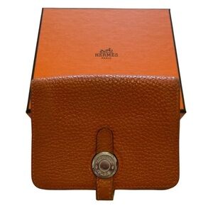 Hermès Orange Togo Leather Palladium Plated Dogon Card Case